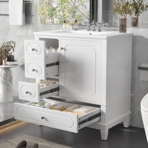 Image of Bellemave 30 inch Bathroom Vanity with Ceramic Sink & 3 Drawers, Bathroom Cabinet with Storage Shelves & Solid Wood Base, Freestanding Vanity Cabinet with Soft-Close Door with Organizer (White /30)