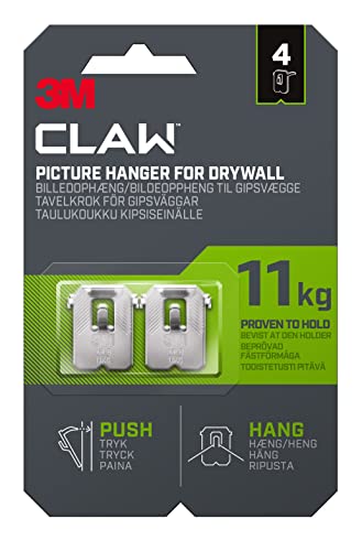 3M Claw Plasterboard Picture Hanging Wall Hooks For Hanging Home Décor 4 Hangers Holds up to 11 kg - Ideal for Heavyweight Items
