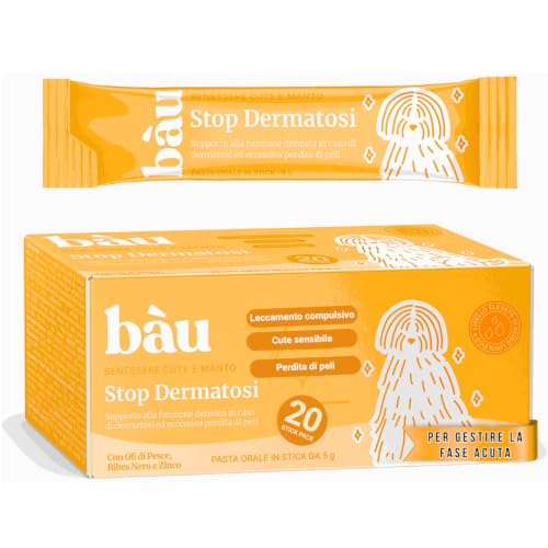 Bau Dermatite Cane e Prurito in Pasta – Stop Dermatosi Integratore Pelle e Mantello – per Perdita Pelo, Cute Irritata e Forfora – Supporto Funzione Dermica in Stick Appetibili