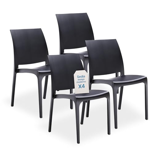 Tomaino - Sedia in Plastica Da Cucina - Set 4 Sedie Plastica Impilabili Con Braccioli Per Esterno e Interno - Sedie per Giardino, Soggiorno, Balcone o Bar - Nero