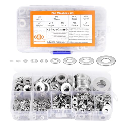 800 Pcs Stainless Steel Flat Washers for Screws, Metal Washer for Bolts, M2 M2.5 M3 M4 M5 M6 M8 M10 M12 Washers Assorted, Washer Hardware Assortment for Repair Home Construction