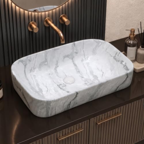 Image of Plantex Tabletop Wash Basin /Bathroom Sink /Wash Basin Over Counter /Designer Ceramic Wash Basin for Bathroom (21.5x14x4.5 Inch - Marble Finish)