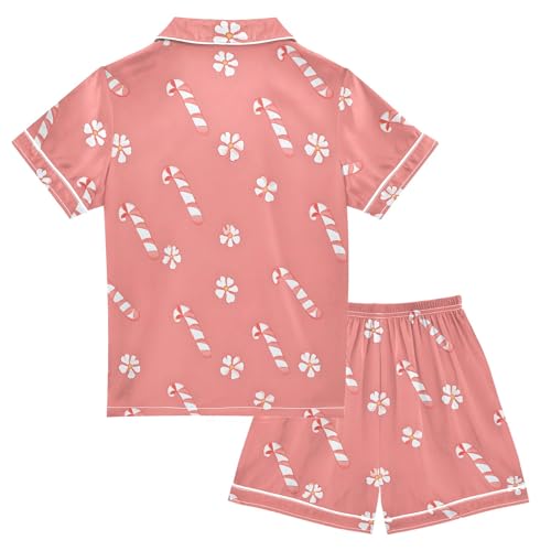 Pink Holiday Candy Cane Summer Satin Pajama Set, Cute Button-Down Sleepwear Pj Set for Sleep Wears2