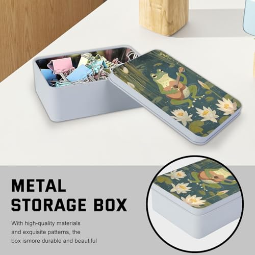Image of Metal Tin Box with Lid,Multi-functional Storage Large Box Can Store Tea Biscuits Game Cards, Playing & Tarot Cards-Comes with 4 Magnetic Cord Clips,Frog Playing Guitar