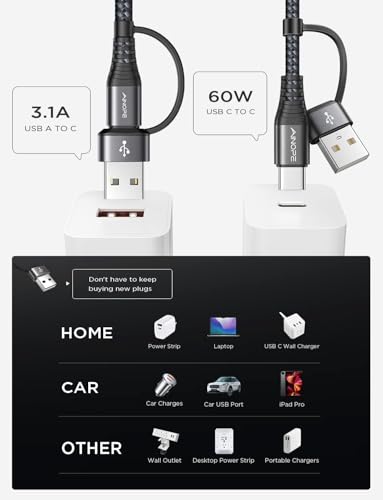 Image of AINOPE USB C Cale for iPhone 16 Charger Cord,60W 4 in 1 Charging Cable for iPad Charger and USB C to USB C Devices,Right Angle Type C Cord Carplay Cable fit iPhone 16 Pro,2 Pack 6.6Ft, Deep Black