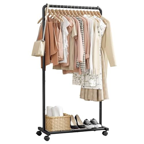 Clothes Rack – Clothing Rack with Storage Mesh Shelf & Casters, Heavy-Duty Metal Clothing Rack for Hanging Clothes, Dresses, Coats, Large Load Capacity, Easy Assembly, Black, 28.0″x14.0″x59.0″