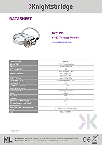 Knightsbridge 6 Inch E27 Vintage Pendant Set in Polished Chrome - Image 7