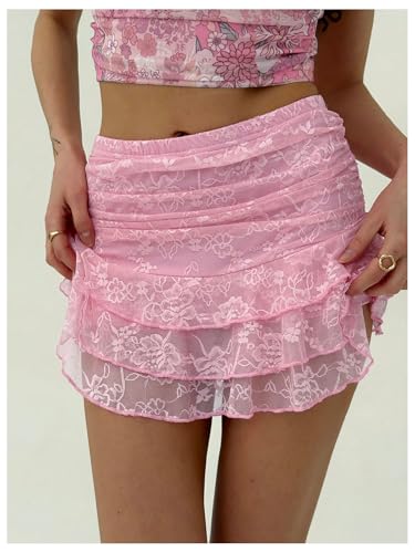 MakeMeChic Women's Floral Lace Mini Skirt Ruched Tiered Ruffle Y2k Skirts2