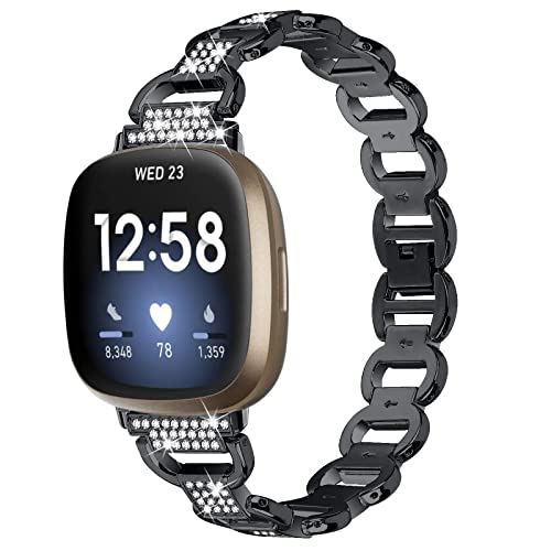 LAZIRO Metal Bracelet Compatible with Fitbit Versa 4/Fitbit Sense 2, Fashion Stainless Steel Metal Replacement Strap with Full Diamond Style Wristband for Fitbit Versa 4/Fitbit Sense 2 - Black