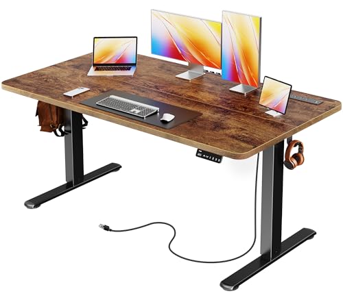 Image of Huuger Electric Standing Desk with Power Outlets and USB-C Port, 55 X 24 Inch Height Adjustable Desk, Sit Stand Desk for Home Office, Computer & Gaming Desk with 4 Presets, Rustic Brown