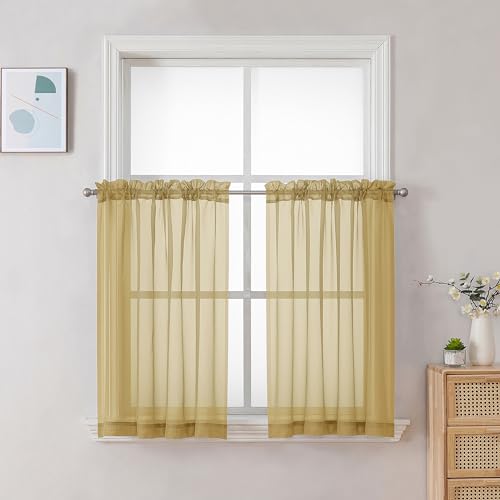 Image of Chyhomenyc Sheer Gold Kitchen Tier Curtains 24 Inch Length Set, Small Window Curtains Treatment for Bathroom /Living Room /Cafe /Basement, Short Voile Curtain Tiers 42in x 24in, Rod Pocket, 2 PCS