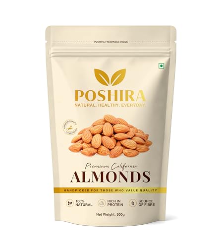 Image of POSHIRA Premium California Almonds (Badam) | 500g | Whole Gourmet Almonds | Naturally Nutritious | Daily Snacking | Vegan, Gluten Free, Non-GMO