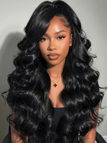 Image of KLAIYI Loose Body Wave Pre Everything Glueless 13x4Lace Front Wigs Human Hair Layered Face Framing Side Bang Drawstring Pre Plucked Bleached Bye Bye Knots 3S Ready to Wear and Go Wig for Women 22Inch