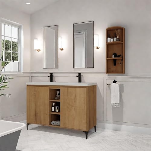 Image of Freestanding Bathroom Vanity, 48 inch Bathroom Storage Cabinet with Double Resin Sinks, 2 Soft-Close Doors & 3 Open Storage Shelves, Floor Vanity with Extra Three-Layer Spacious Shelves, Oak