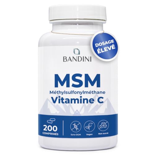 Bandini® MSM 2000mg de Méthylsulfonylméthane (Soufre Pur MSM) + Vitamine C par Dose Quotidienne | Poudre pour Articulations, Cheveux, Os et Peau | 100% Vegan | 200 Comprimés à Haute Dose