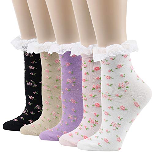 Funcat Women's Lace Ruffle Frilly Colorful Floral Cotton Casual Novelty Ankle Socks 4/5/6 Pairs