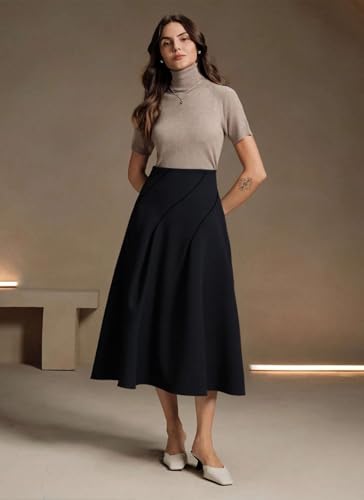 POPZONE Women Basic Elastic High Waist Pleated Midi Skirt Solid Elegant Office Long Skirt Work Skirt2