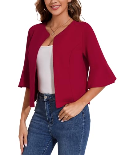 Womens Casual Blazers Cropped Work Office Trumpet 3/4 Sleeve Suit Jacket Casual Elegant Blazers(Red XL)4