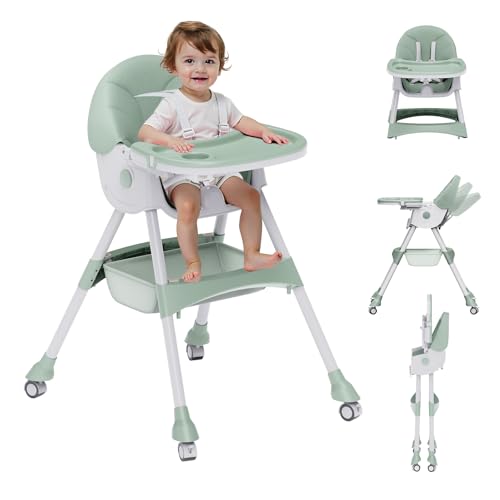 Image of High Chairs for Babies and Toddlers, 4 in 1 Convertible Baby High Chair, Portable High Chair for Travel with Adjustable Height and Back, Foldable HighChair with Wheels& Pu Cushion (Green)