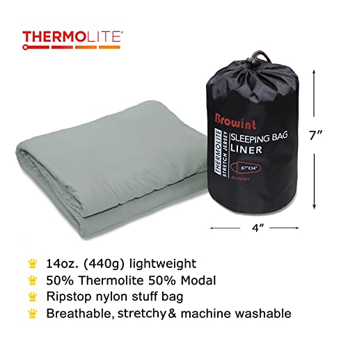 Browint Thermolite Sleeping Bag Liner With Double Zippers, Adds Up To 25F, 87"X42" Extra Large Sleep Sack For Hotel, Pillow Pockek; Mummy Sleep Sack Liner For Camping; Stretch Thermal For Cold Weather #TOP4
