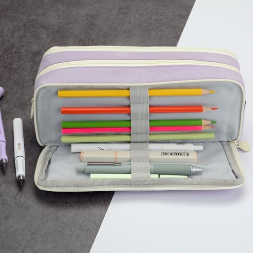 Image of Large Capacity Special Aesthetic Pencil Case Organizer with 3 Compartments, Big Preppy School Pencil Pouch Bag for Girls Women Adults, Pencil Holder Pen Pouch Cases (Purple 2)