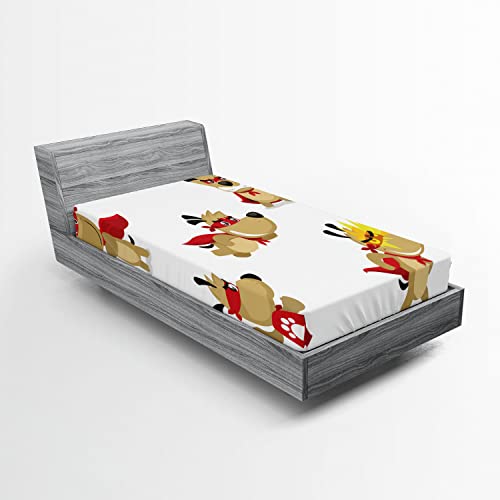 Ambesonne Animal 2 Pack Fitted Sheet, Superhero Puppy with Paw, Bed Cover All-Round Elastic Deep Pockets 2 Pieces, Package Contains 2 Twin Size Fitted Sheets, Cream Red