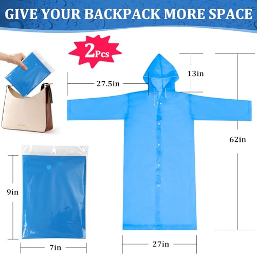 Image of Rain Ponchos for Adults Reusable (2 Pack), Waterproof EVA Raincoats with Hood & Drawstring for Women & Men