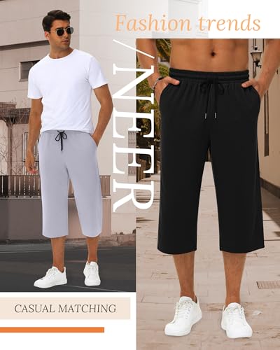 Neer 3 Pack Men's Baggy Capri Pants Plus Size Below Knee Casual 3/4 Shorts Big and Tall Summer Drawstring Pants with Pockets2