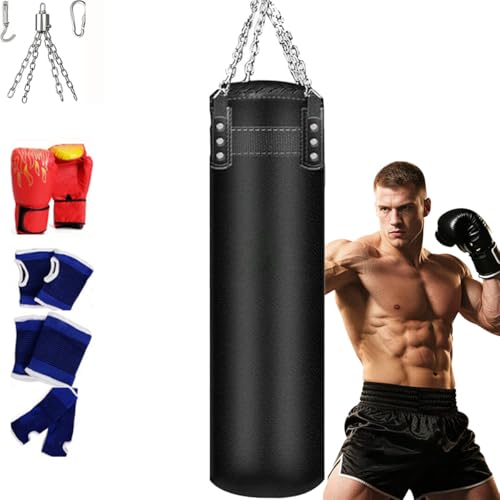 Saco de boxeo para adultos, bolsa pesada y sin relleno con guantes de perforación, cadena y gancho para gimnasio en casa (100 cm)