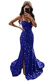 Sevintage Sparkly Sequins Prom Dresses for Teens Mermaid Wrap Open Back Sweetheart Neck Split Formal Gowns Long Bodice Boned Royal Blue US4