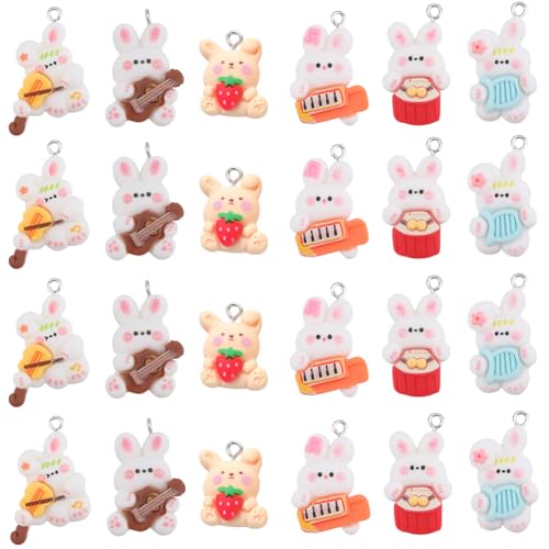 SUNNYCLUE 1 Box 24Pcs 6 Styles Rabbit Charms Bulk Bunny Charm Bulk Resin Cartoon Easter Bunny Colorful Music Instrument Animal Charm for jewellery Making Charms Keychain Earring Necklace DIY Crafts