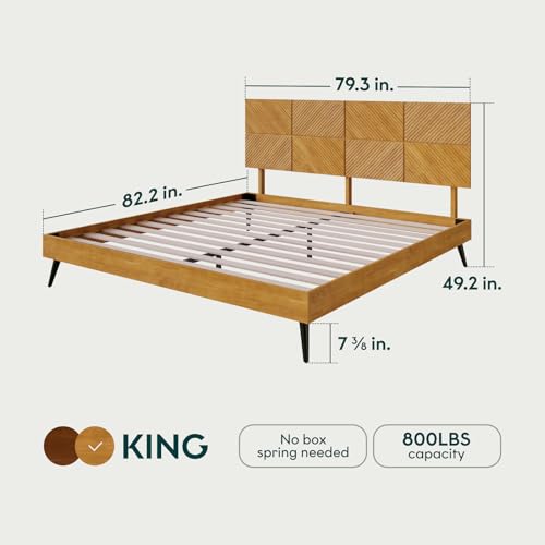 Image of Bme Rhombus King Bed Frame - Solid Rubber Wood with Geometric Rhombus Headboard, Teak Brown Finish, Scandinavian Modern Platform Bed with Sturdy Slats & Metal Legs, No Box Spring Needed