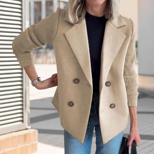 Womens Trench Coat Causal Lapel Double Breasted Blazer Jackets Winter Knitted Patchwork Sleeve Pea Coat3