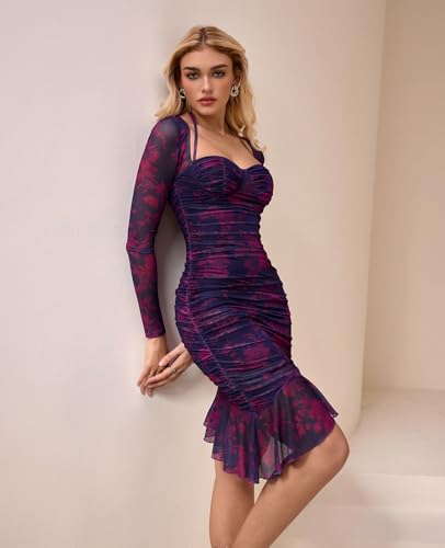 XinFSh Women's Sexy Long Sleeve Halter Ruched Bodycon Midi Dress Floral Mesh Ruffle Fall Wedding Guest Cocktail Party Dresses3