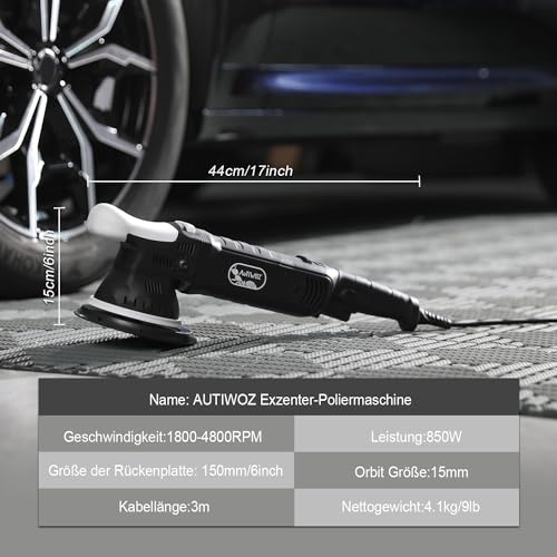 AUTIWOZ Poliermaschine Auto, 850W Exzenter Poliermaschine, 6 variable Geschwindigkeiten, 1800-4800 RPM, abnehmbarer D-Griff und Seitengriff, 3 m Kabel, zum Polieren von Auto, Boot, Motorrad