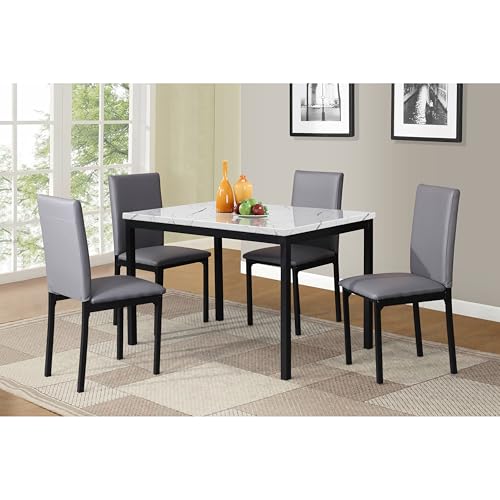 Roundhill Furniture 5 Piece Citico Metal Dinette Set with Laminated Faux Marble Top, White Table...
