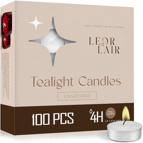 Leor & Lair Tealight Candles 100 Pack 4 Hour Long Burning Tea Lights