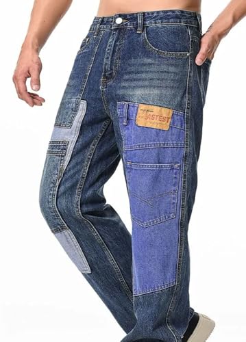 Men’S Retro High Street Patchwork Loose Fit Wide Leg Denim Jeans Zipper Fly Midweight Embroidery Full Length Trendy Jeans3