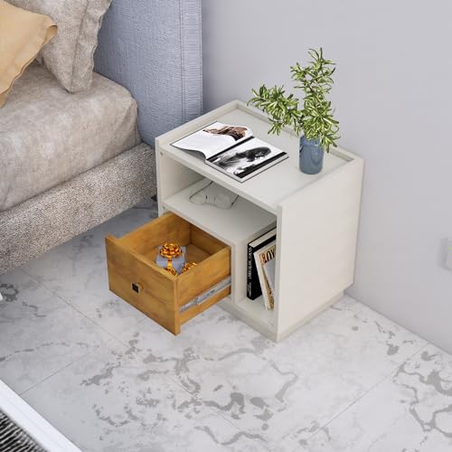 Image of Bniture Bed Side Table for Bedroom 1-Drawer, Bookcase Nightstand Side End Table for Bedside Table, Small Side Table, Side Table for Bedroom, with Metal Legs (Frosty White & Giant Wood)