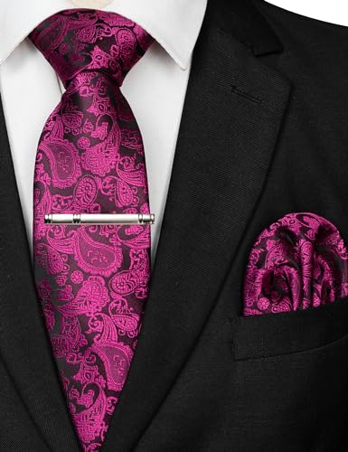 Image of JEMYGINS Mens Solid Color Paisley Necktie and Pocket Square with Tie Clip Sets