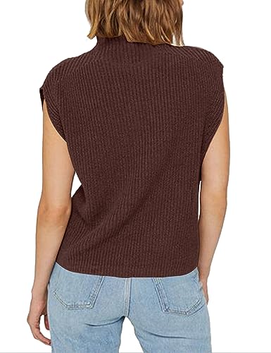 Image of Womens Sleeveless Sweater Vest Turtleneck Ribbed Knit Tank Tops Basic Slim Fit Top