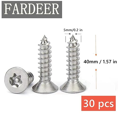 FarDeer Stainless Steel Flat Head Self-Tapping Screws M4/M5 Security Sheet Metal Screws Torx Sheet Metal Screws Security Silver Screws Anti-Theft Tamper Proof. (M5*40mm * 30pcs) - Image 2