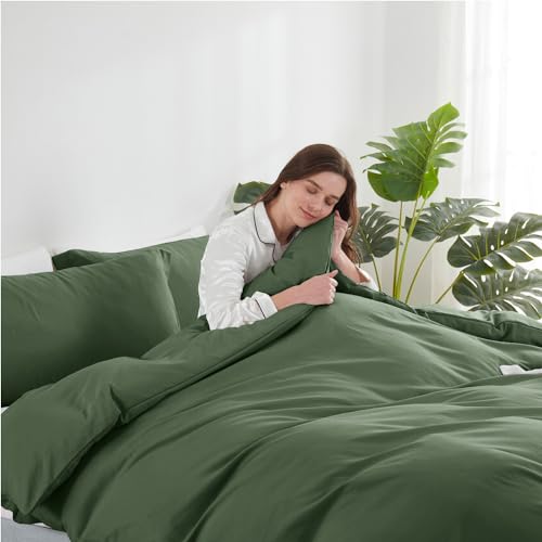 Image of Hearth & Harbor Olive Green Duvet Cover Full Size, 3 Piece Bedding Set | Soft Double Brushed Bedding Set, Button Closure, 1 Duvet Cover 80x90 Inches, 2 Pillow Shams