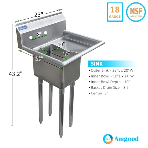 Image of AmGood Stainless Steel Prep & Utility Sink | 304 Stainless Steel | Restaurant, Kitchen, Laundry, Garage | NSF (Bowl Size: 10 inchx14 inchx10 inch + Right Drainboards)