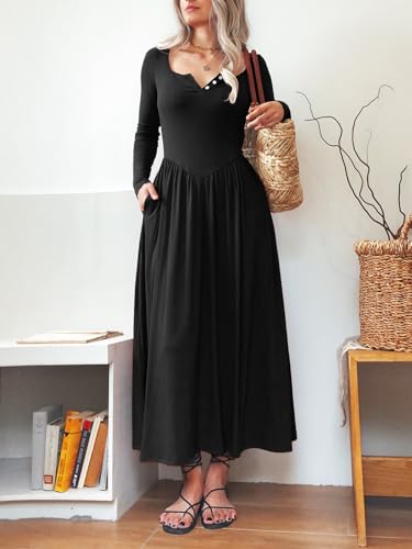 Long Sleeves Maxi Dress for Women A Line 2025 V Neck Casual Button Boho Tshirt Long Dress with Pockets3