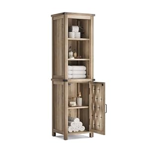 LINSY HOME Tall Bathroom Storage Cabinet, Farmhouse Narrow Corner Cabinet with Door & Adjustable Shelves, Linen Tower for Bathroom, Living Room, Light Brown