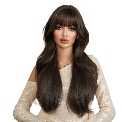 Perruque avec frange soignée et longs cheveux bouclés ondulés pour femme