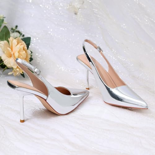 Image of RIBONGZ Sexy Slingback Pumps Elegant Dressy Heels for Women Closed Toe Pointy High Heels Wedding Bride Prom Party Evening Shoes