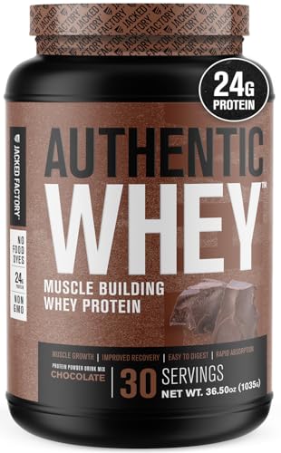 Jacked Factory Authentic Whey Muscle Building Whey Protein Powder - Low Carb, Non-GMO, No Fillers, Mixes Perfectly - Chocolate Flavor