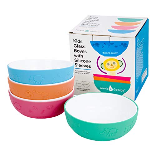 Elk and Friends Kids Tempered Glass White Bowls with Silicone Sleeve - Kids/Toddler/Ba